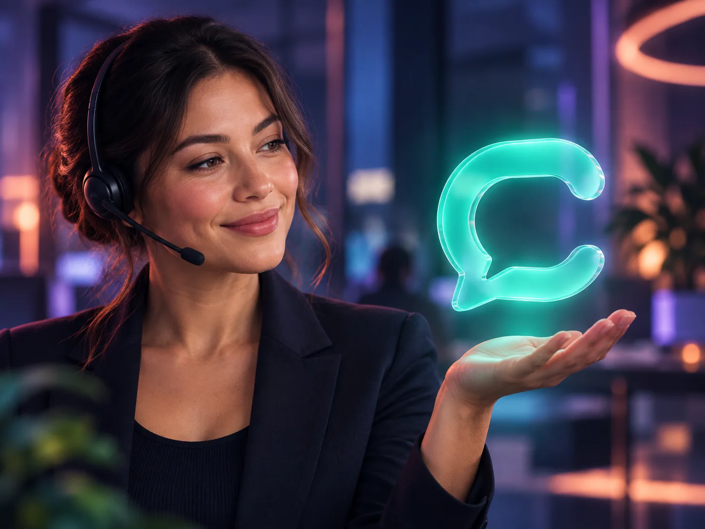 A support professional holding a glowing conversation-bubble mark above her palm.