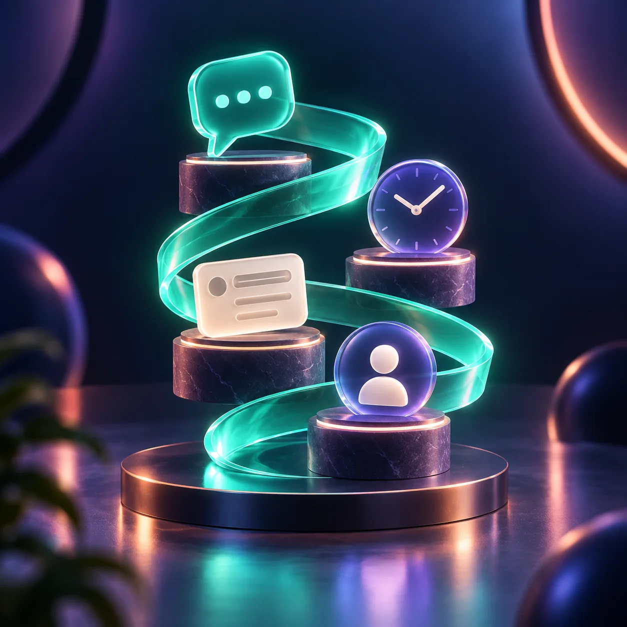 A ribbon connecting a conversation bubble, a clock, a form and a person icon.