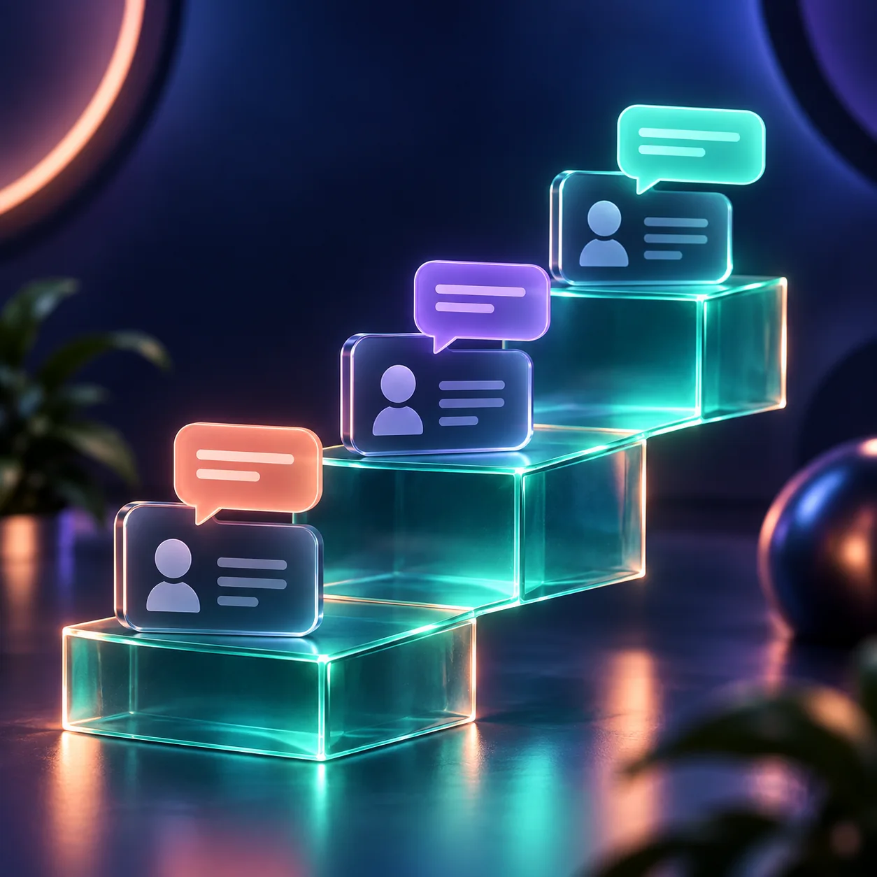 Conversation bubbles and contact cards progressing along a glass staircase, representing pipelines.