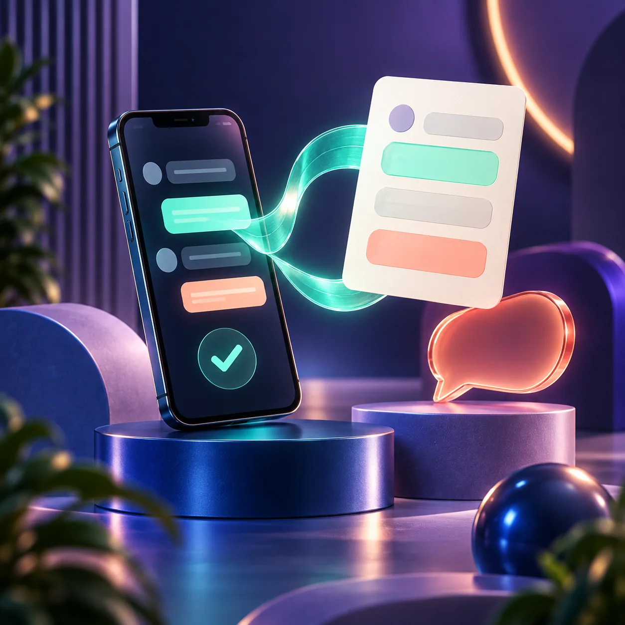 An abstract form card connected to a smartphone through a glowing ribbon.