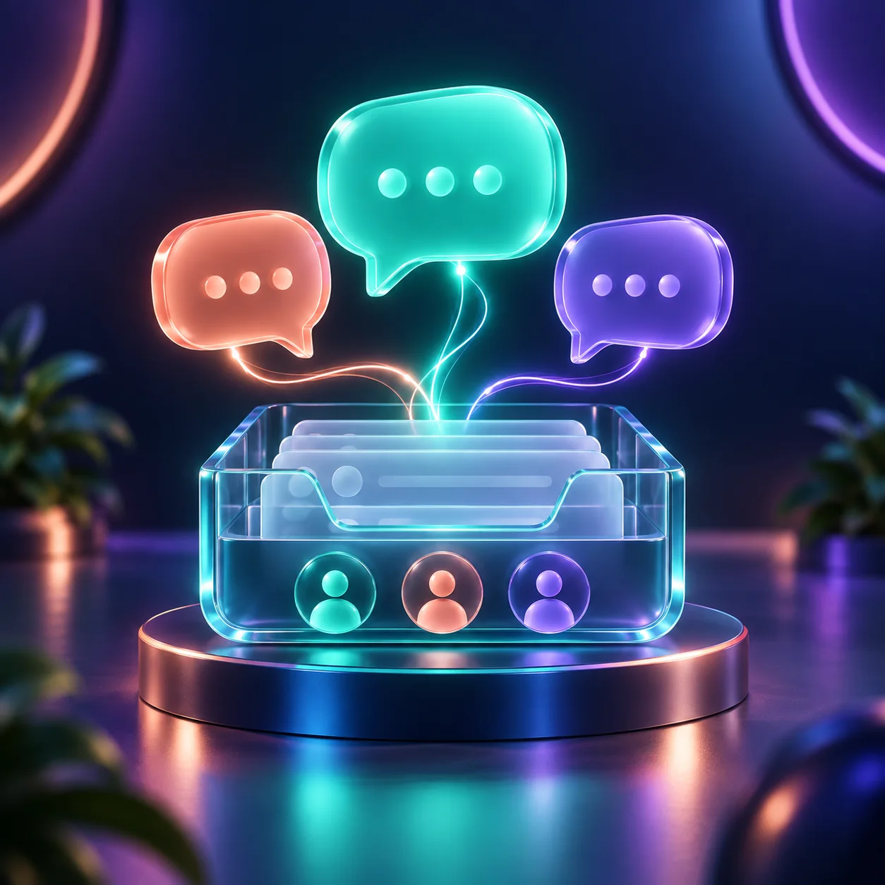 Three conversation bubbles gathering in a glass inbox tray, representing a shared team inbox.