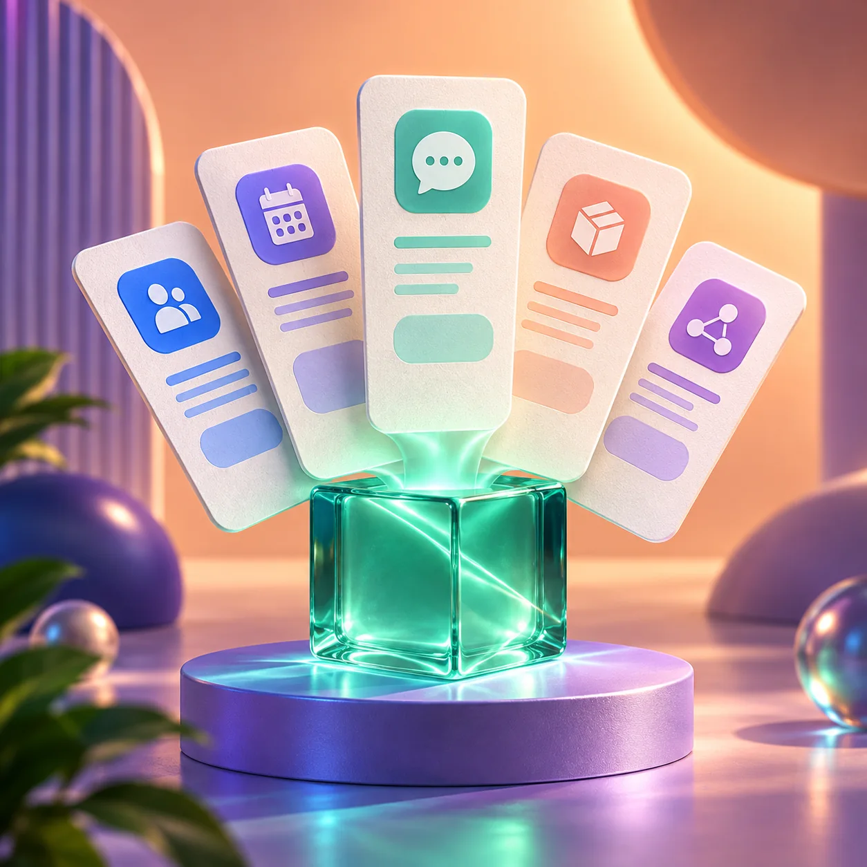 A fan of form cards rising from a glass cube, representing the template library.