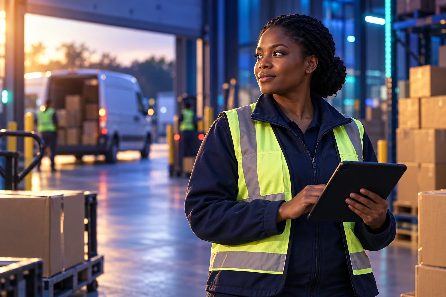A warehouse coordinator reviewing a tablet beside parcels and a delivery van.
