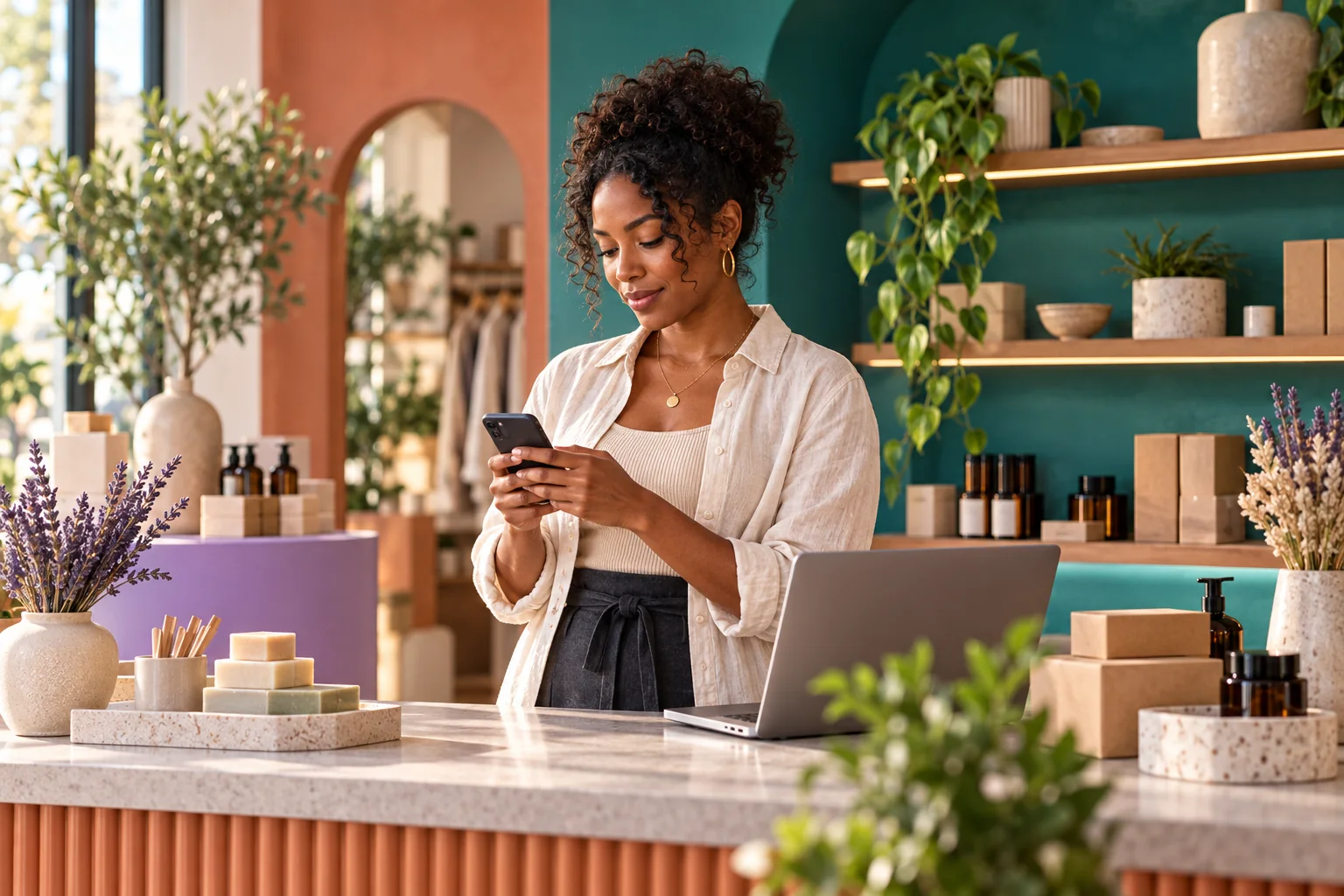 A business owner using a smartphone to manage customer conversations in a contemporary studio.